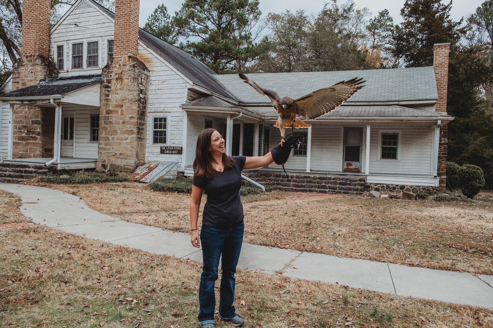 Sara holding a hawk with its wings outstreached