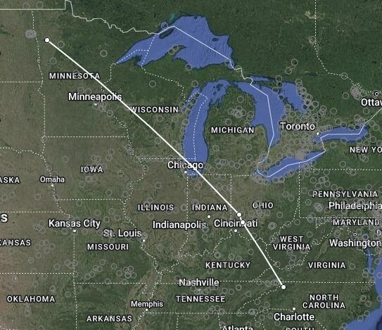 Track of the Bobolink tagged by High Country Audubon. Map: Motus