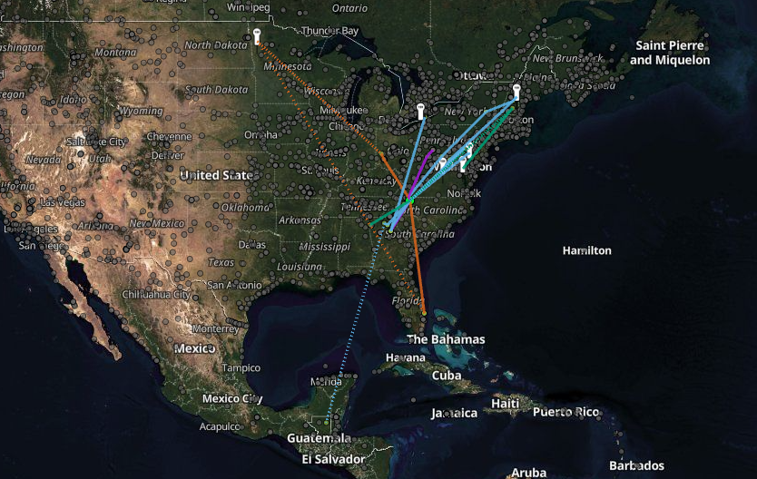 High Country Audubon Motus Station Map. Orange shows Bobolink, Blue shows Wood Thrush, Green shows Monarch, Purple shows Tennessee Warbler. Map: Motus