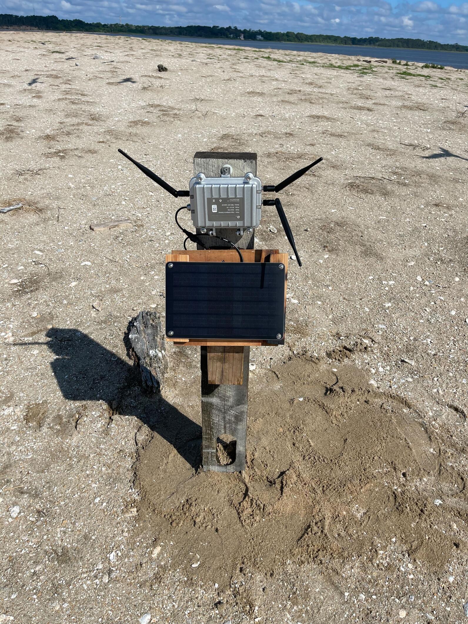Solar-powered receiver that downloads the terns' data on the island. Photo: Brittany Salmons/Audubon