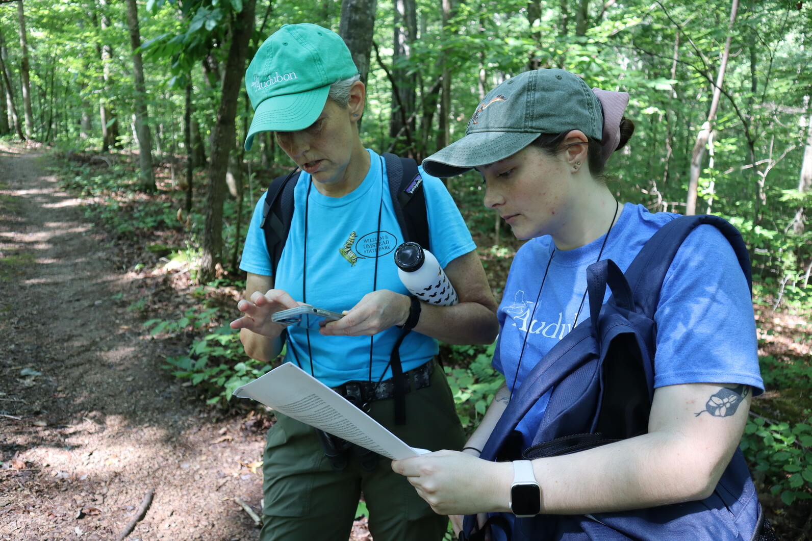 Audubon North Carolina Board President Mary Abrams and Urban Forestry Program Manager Hannah Pursley touring bird-friendly forest management projects.