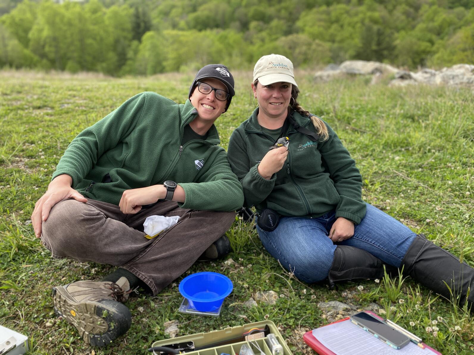 Two researchers prepare to release a tiny songbird that has been outfitted with a radio tracking device.