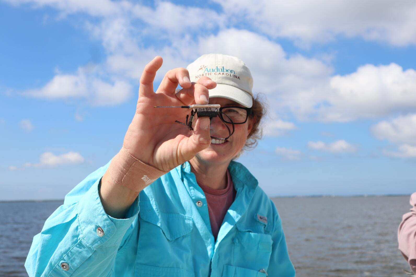 Lindsay Addison holding a GPS data logger to be used on a Royal Tern. Photo: Brittany Salmons/Audubon