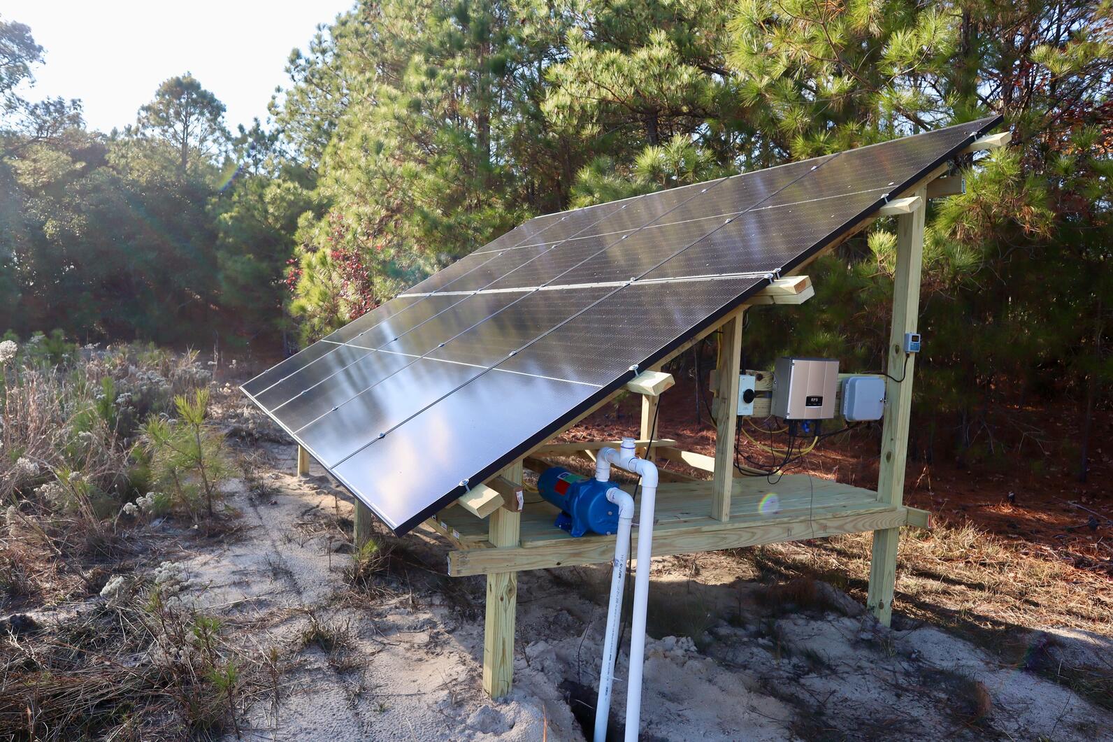 Solar panel connected to a nearby holding pond that will be used to pump water throughout the impoundment. Photo: Brittany Salmons/Audubon