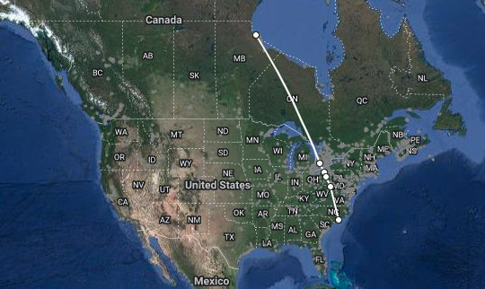The flight route of a shorebird from Canada to North Carolina.