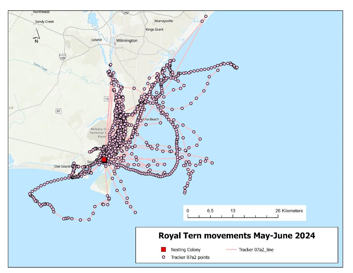 Map showing the movements of tracker 07a2. Map: Dr. Kate Goodenough/Larid Research and Conservation