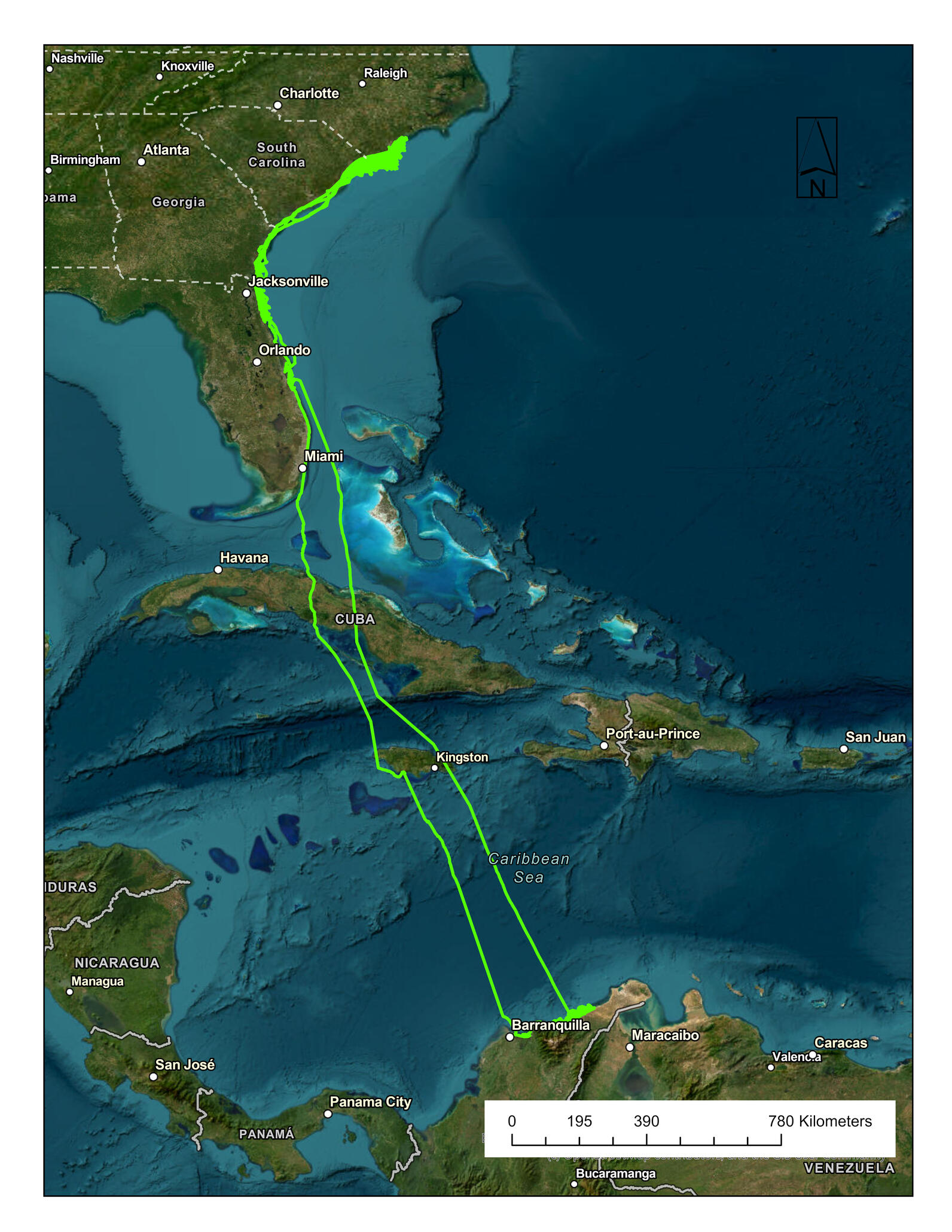 Royal Tern migration route to Columbia. Map: Dr. Kate Goodenough/Larid Research and Conservation