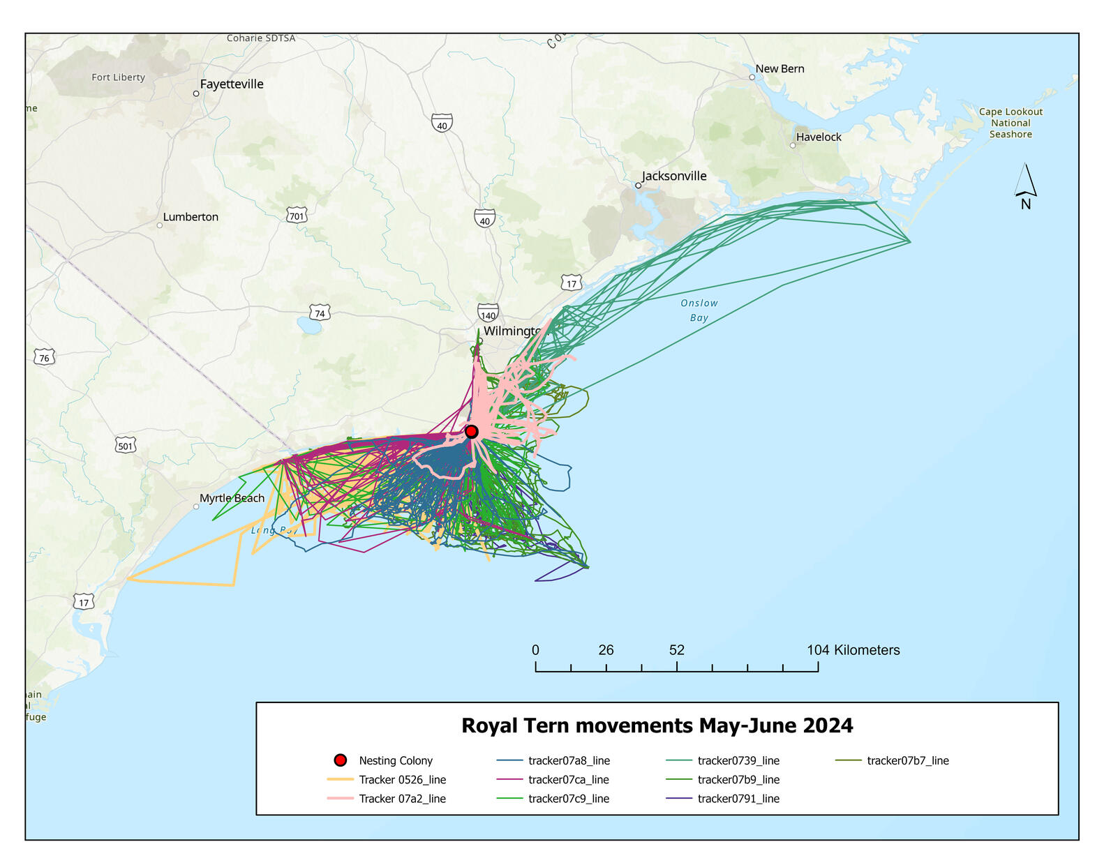 Map showing the movements of all 9 GPS trackers from May-June. Map: Dr. Kate Goodenough/Larid Research and Conservation