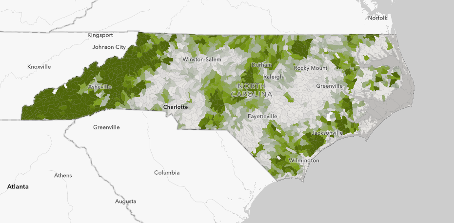 This map shows the mean percentage of canopy cover in North Carolina. Notice that there is less tree canopy around all of our major cities including Raleigh, Greenville, Rocky Mount, Fayetteville, Wilmington, Charlotte, Winston-Salem, and Asheville. Map: 