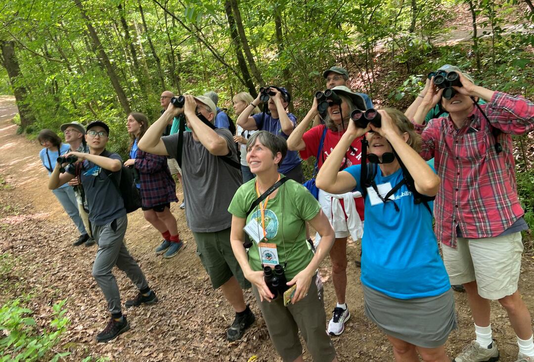 Attendees of the 2012 Summit on a bird watching field trip with binoculars in hand